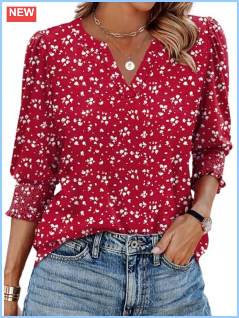 Women's 3/4 Sleeve V Neck Blouse Smocked Cuff Puff Sleeve Dressy Casual